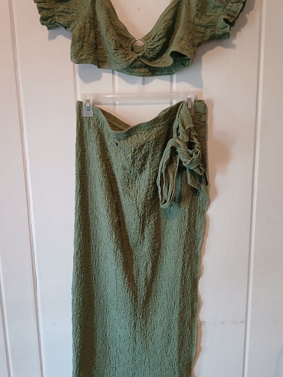 Dresses & Skirts - 2 Piece- Crinkled Olive Green Wrap Skirt Set - Women's Maxi
